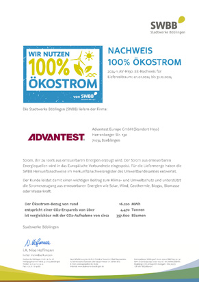 NACHWEIS 100% ÖKOSTROM Advantest Europe GmbH Der Ökostrom-Bezug von rund: 16.220 MWh Lieferzeitraum: 01.01.2024 bis 31.12.2024