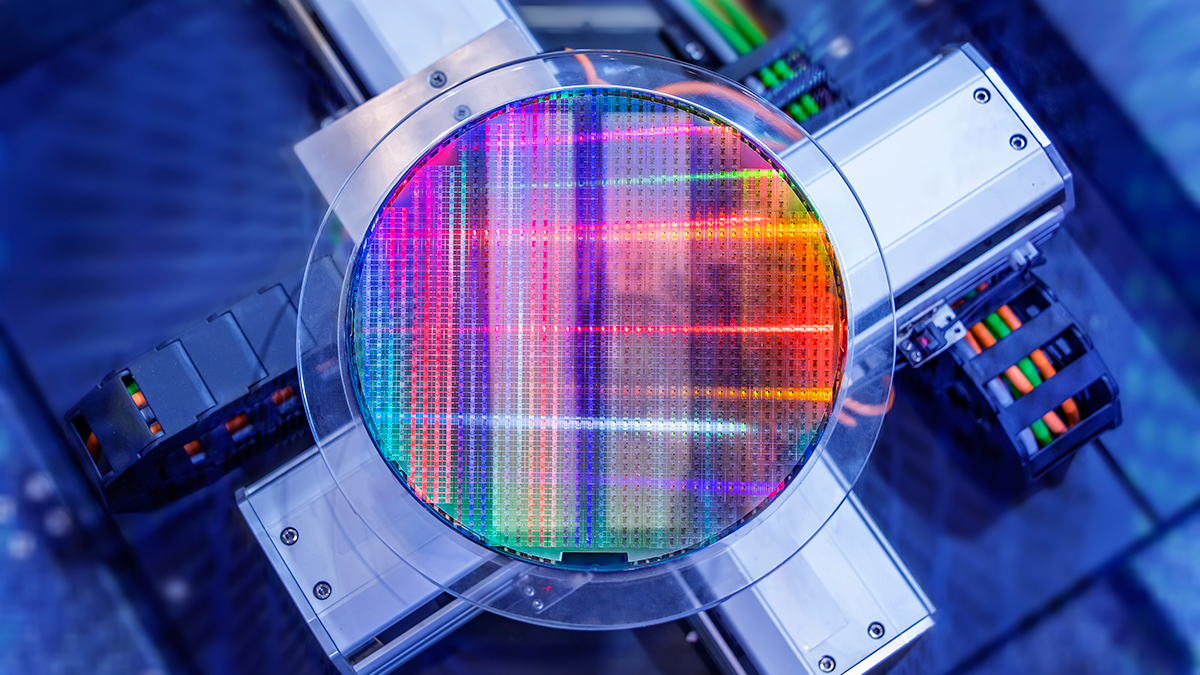 Image of a silicon wafer used in semiconductor manufacturing.